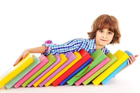Child with stack of books. Foto stock