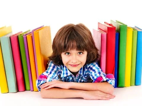 Child with stack of books. Foto stock