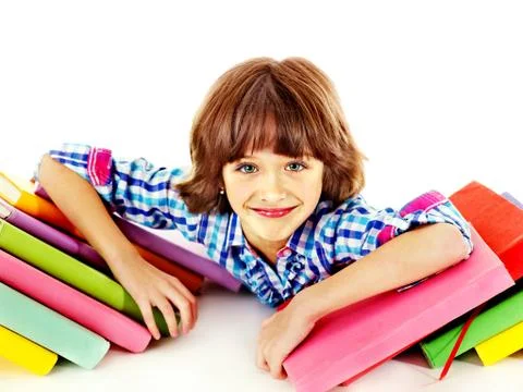 Child with stack of books. Foto stock