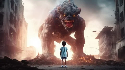 A Child Standing In Front Of A Giant War Monster In A Demolished City Courage Stock Footage 243939449
