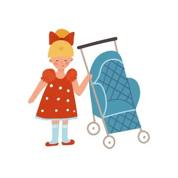 A child standing next to a stroller. Toddler girt holding handle of perambulator Stock Illustration