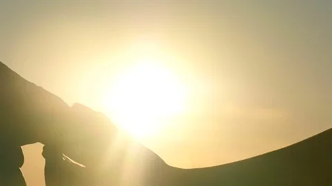 The child stretches out his hands to his mother at sunset. Silhouette of crossed Stock Footage