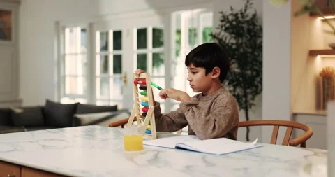 Child, student and counting in home with abacus, practice math and homework for Stock Footage 339148169