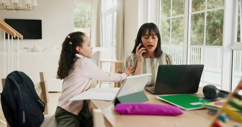 Child, student and mother multitasking with phone call for distraction, Stock Footage 318797224