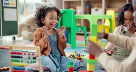 Child, student and play with blocks in class for learning, problem solving and Stock Footage 306516488