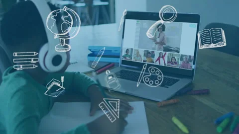 Child studying with online class on laptop, educational icons animation over Stock Footage 303684808