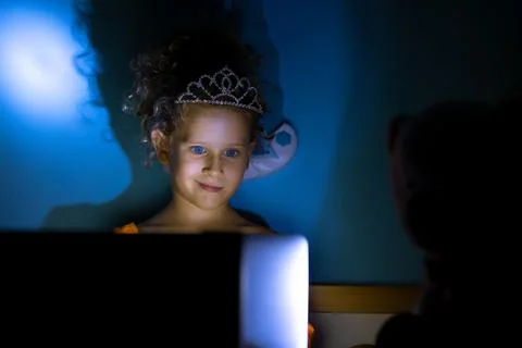 Child Surfing Internet Tablet, Night Dark, Little Girl Playing Ipad, Computer Stock Photos