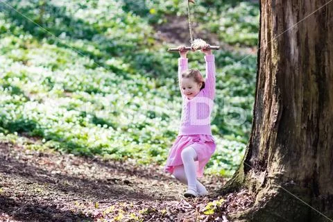 Child swinging on tree rope swing Stock Photos