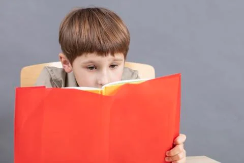 The child at the table is doing homework. A primary school student reads a Stock Photos