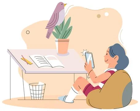 Child with tablet pc sitting on bag chair at home, chatting, communicating using Stock Illustration