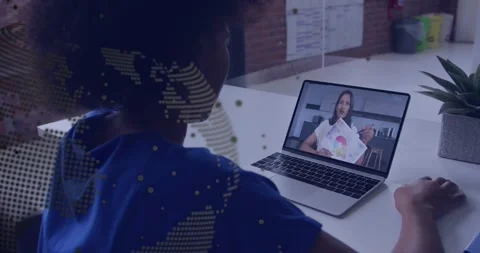 Child tapping laptop trackpad and joining remote class in home education, Stock Footage 330917280