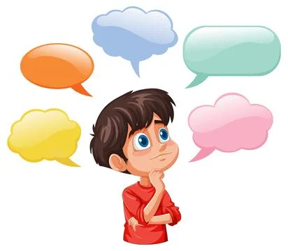 Child Thinking with Colorful Speech Bubbles Stock Illustration