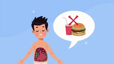 Child thinks about unhealthy food and digestive system internal processing. Stock Footage 334540468