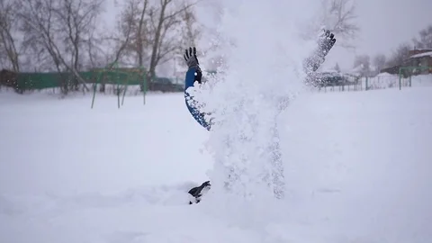 Child throwing snow over himself and enjoys it in winter park Vidéo 70421666