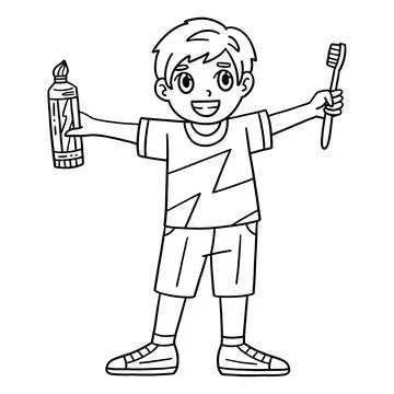 Child with Toothbrush Toothpaste Isolated Coloring Illustrazione stock