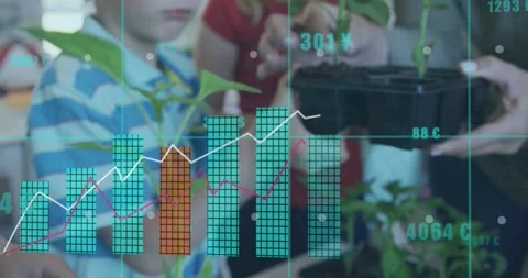Child touching seed and potting as adult helping HUD charts rising over hands Stock Footage 331565576