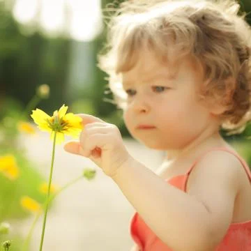 Child touching spring flower Stock-Fotos