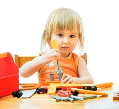 Child with toy tools Foto stock