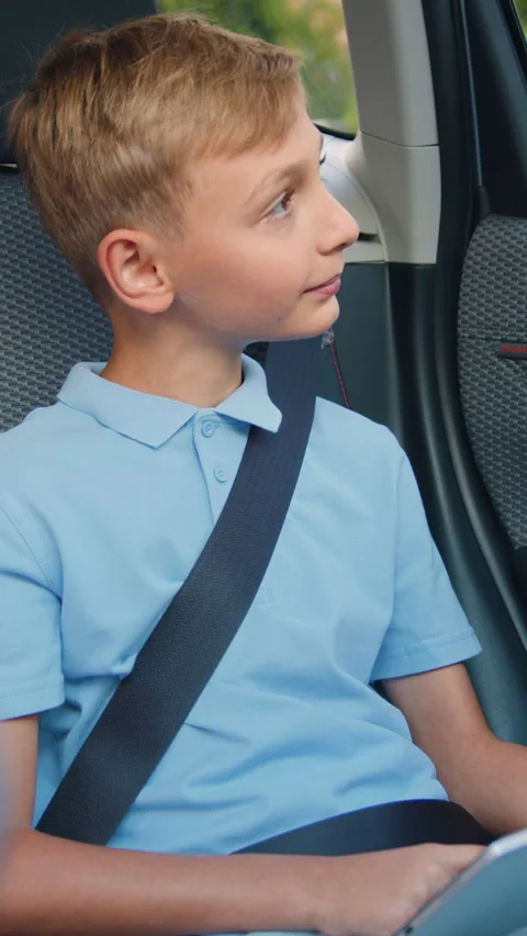 Child travelling in the auto sharing a handheld games tablet. Teen boy with head Stock Footage 333319200
