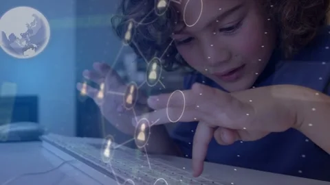Child typing on white keyboard, activating tech network and avatars for Stock Footage 334703093