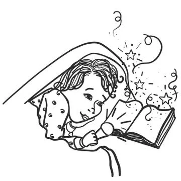 Child under the covers with a flashlight reading a book, dreams, fairy tale Stock Illustration