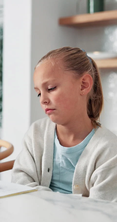 Child, upset and thinking with homework in home for learning difficulty, fatigue Stock Footage 339045712