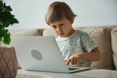 Child using laptop, sitting on sofa at home, Home schooling, distance learning Stock Photos