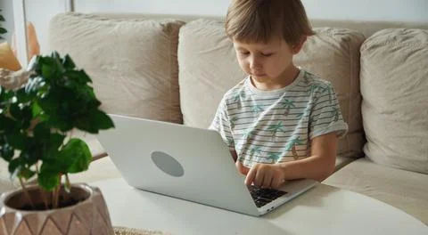 Child using laptop, sitting on sofa at home, Home schooling, distance learning Stock Photos