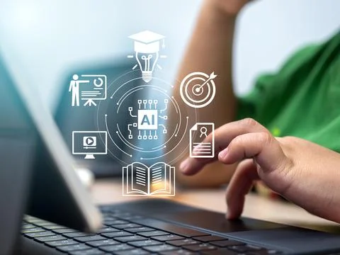 Child using laptop with virtual AI icons, representing artificial intellige.. Foto stock