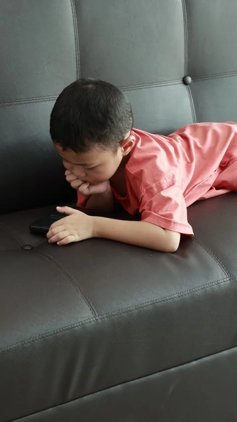 Child using phone on sofa at home Stock Footage 333888705