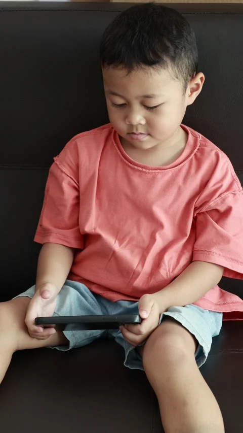 Child using phone on sofa at home Stock Footage 333888834