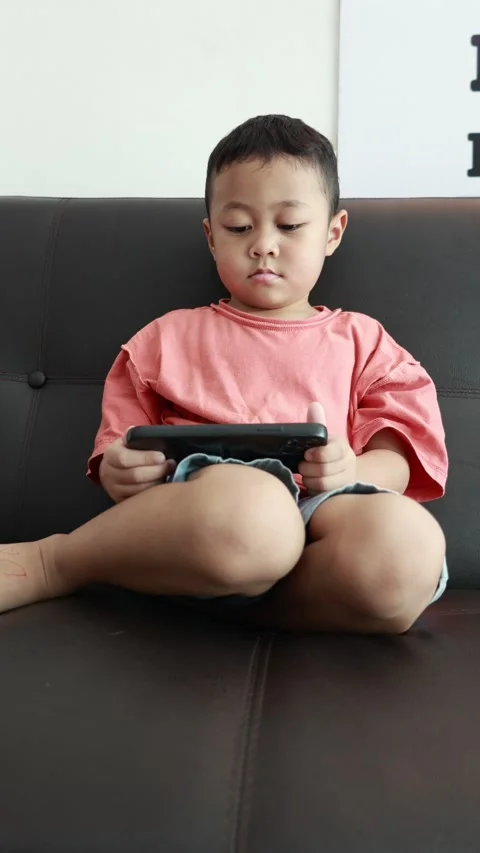 Child using phone on sofa at home Stock Footage 333888988