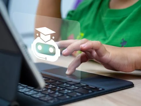 Child using tablet or laptop with AI tutor interface. AI education, smart l.. Фото