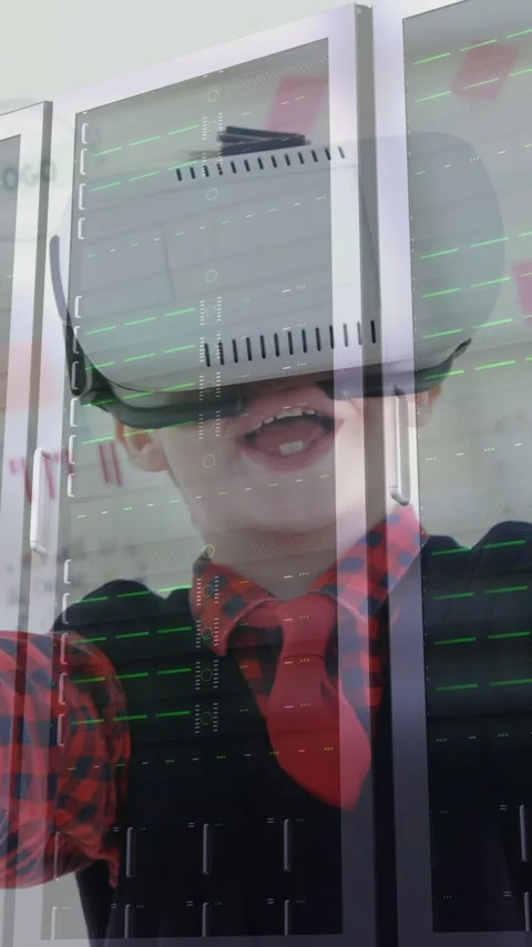 Child using virtual reality headset over data servers in technology environment Stock Footage 331630574