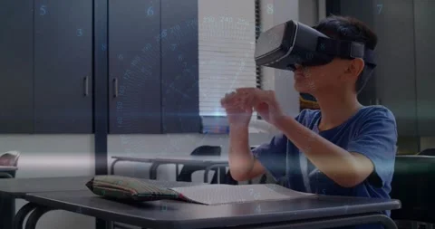 Child using VR headset activating virtual scene, exploring education, Stock Footage 331062605