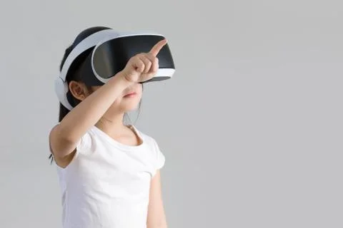 Child with Virtual Reality, VR, Headset Studio Shot Isolated on White Backg.. Stock Photos
