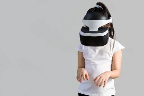 Child with Virtual Reality, VR, Headset Studio Shot Isolated on White Backg.. Stock Photos