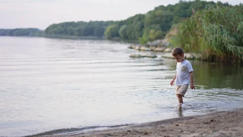 Child wading through shallow water near reeds on a river shore. Side view with Stock Footage 336383047