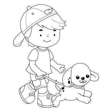 Child walking the dog. Vector black and white coloring page. Stock Illustration