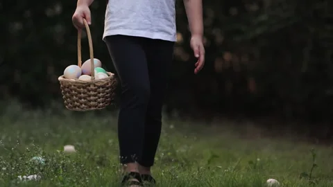 Child walking on green grass and carrying a basket during an Easter egg hunt Stock Footage 330950551