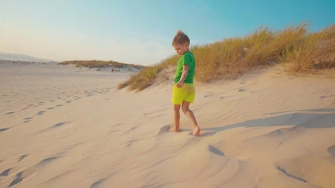 Child walks on sandy beach at sunset with grass in background and clear sky Stock Footage 338301168