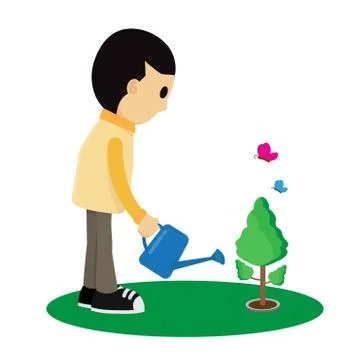 Child is watering a tree cartoon Vector illustration Stock Illustration