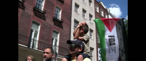 Child waving big flat at Huge Crowd Marching for Gaza on August 9 2014 Stock Footage 144227257