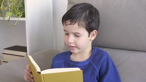 Child wearing reading book while sitting on couch Vidéo 251655751