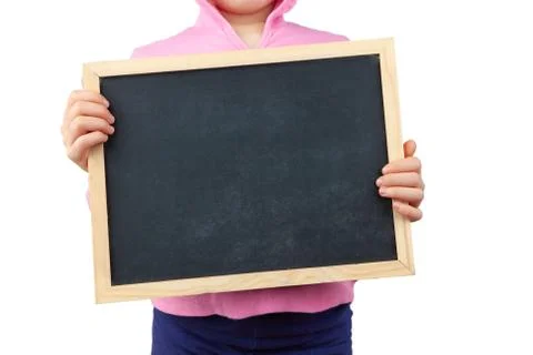 Child on white background holding empty blackboard with copy space Stock Photos