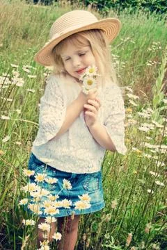 Child with wild daisies Stock Photos