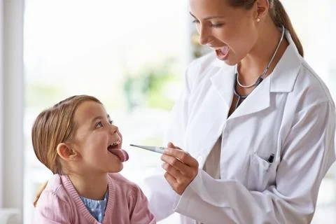 Child, woman and doctor with thermometer in mouth for medical risk, assessment Stock Photos