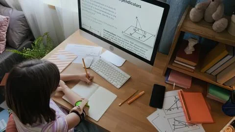 Child working on homework at desk with computer and books 写真素材
