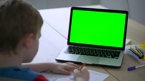 Child write in notebook and listen to online lesson on laptop device with green Stock Footage 152323531