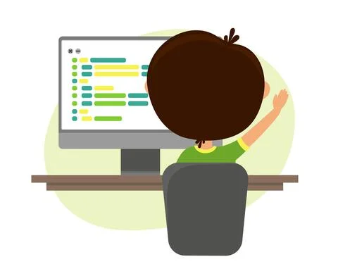 The child writes the program code. Children robotics programming. Vector Stock Illustration